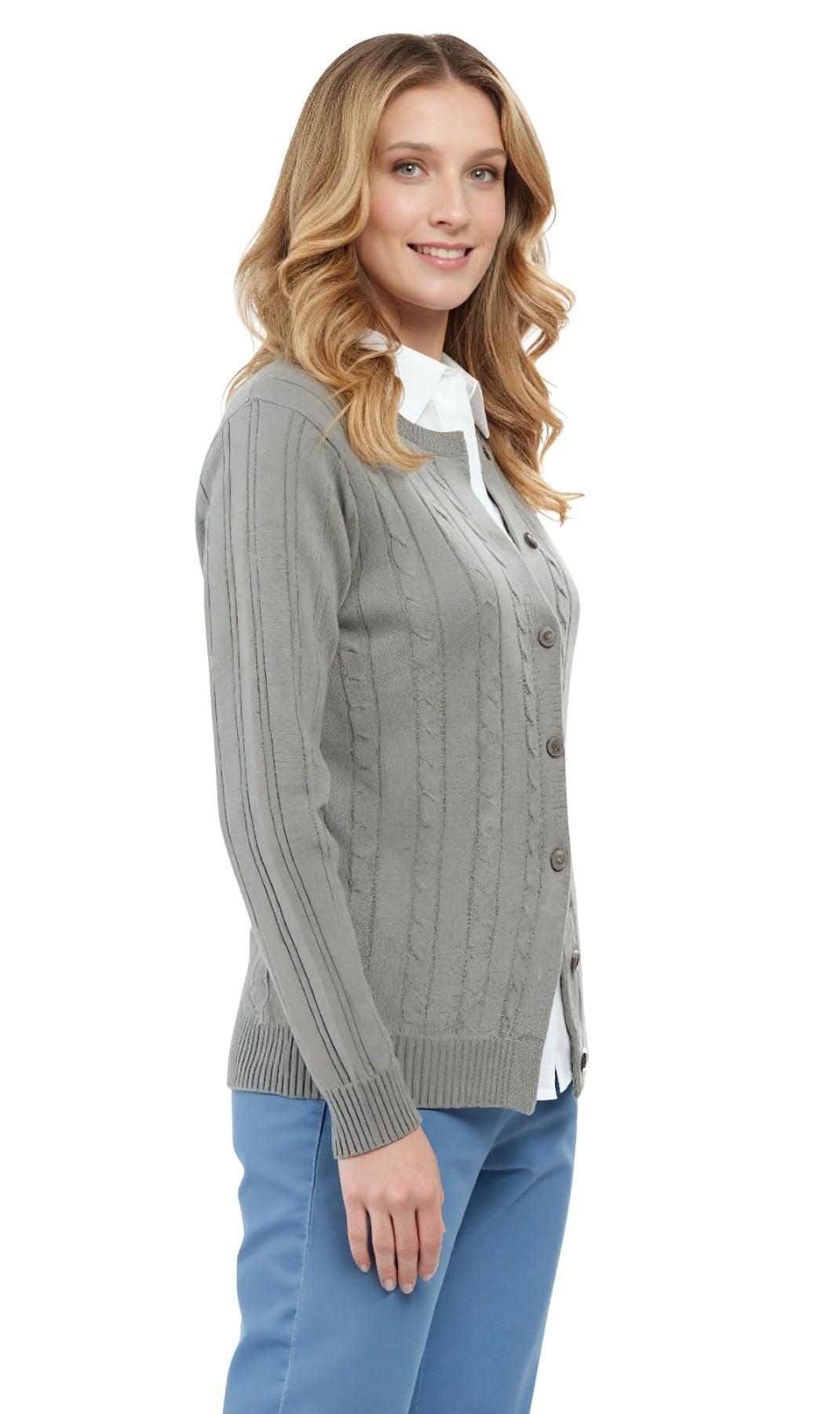 Women's Classic Button Front Cable Knit Cardigan in Soft Acryllic 8