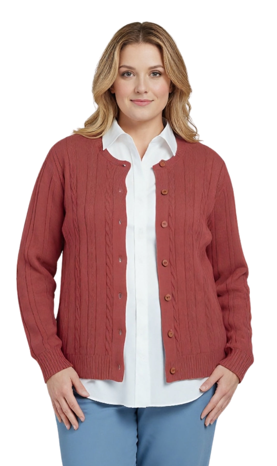 Women's Classic Button Front Cable Knit Cardigan in Soft Acryllic 13