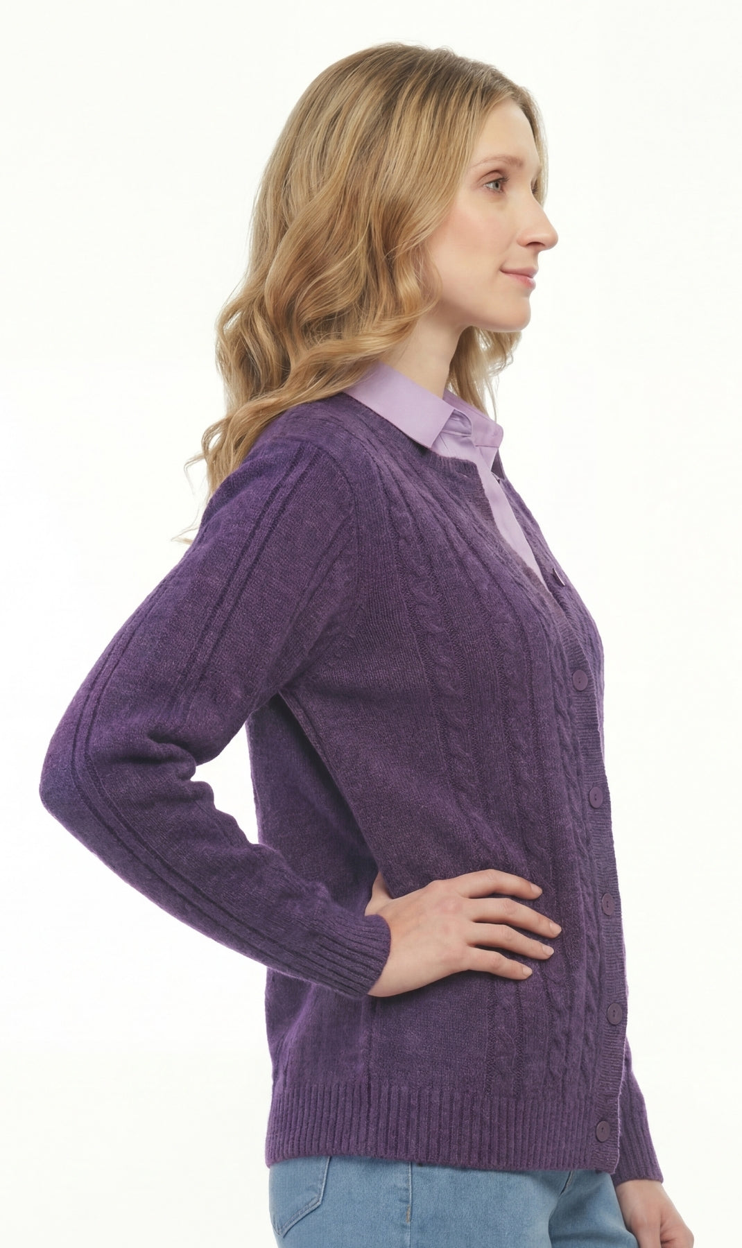 Women's Classic Button Front Cable Knit Cardigan in Soft Acryllic 3