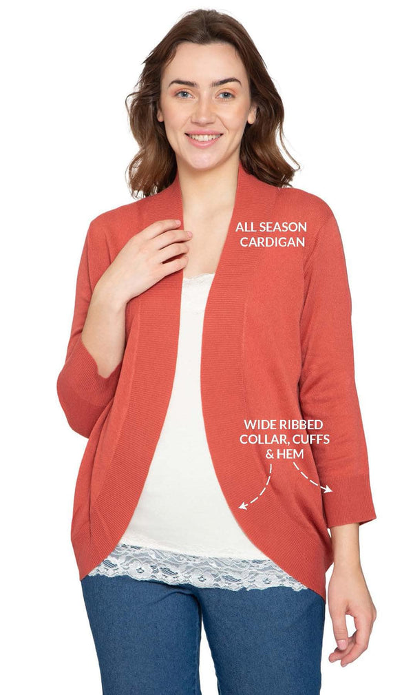 Women's Curved Hem Cardigan - Open Front Sweater in a Timeless Style - Mineral Red - Details - TURTLE BAY APPAREL