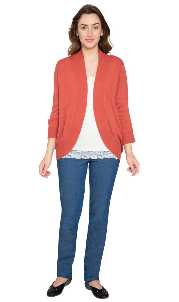 Women's Curved Hem Cardigan - Open Front Sweater in a Timeless Style - Mineral Red - Full -  TURTLE BAY APPAREL
