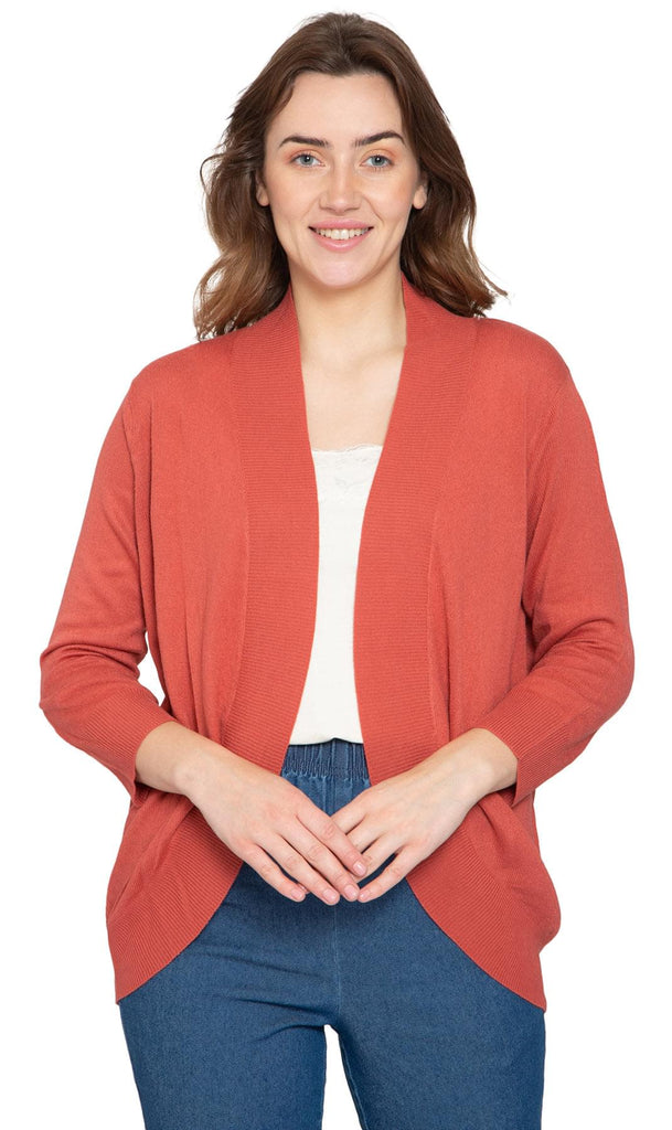 Women's Curved Hem Cardigan - Open Front Sweater in a Timeless Style - Mineral Red - Front - TURTLE BAY APPAREL