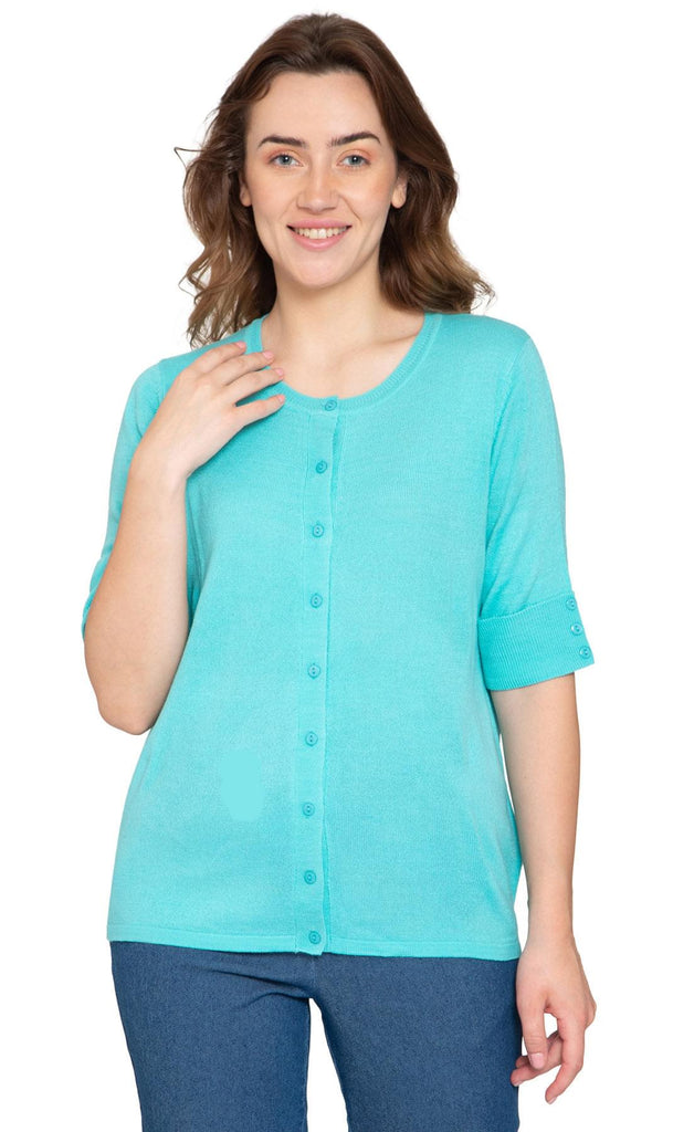 Women's Button Front Cardigan - Unique Elbow Cuff Adds Fifties Flair - Bright Blue - Front - TURTLE BAY APPAREL