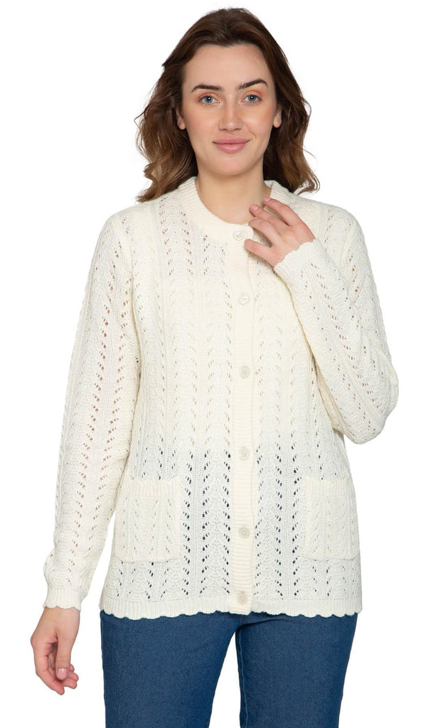 Women's Button Front Pointelle Cardigan - A Textural Layer in So-Soft Acrylic - Ivory - Front - TURTLE BAY APPAREL