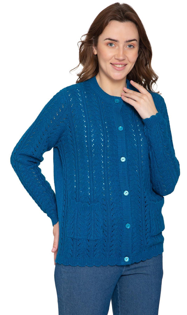 Women's Button Front Pointelle Cardigan - A Textural Layer in So-Soft Acrylic - Peacock - Front -TURTLE BAY APPAREL
