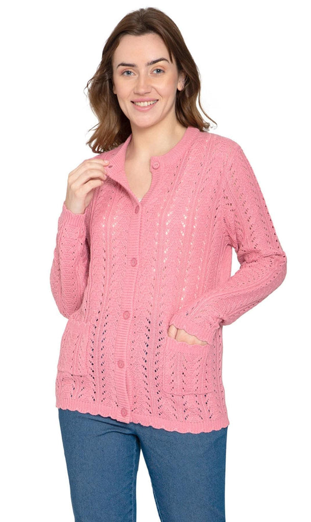 Women's Button Front Pointelle Cardigan - A Textural Layer in So-Soft Acrylic - Rose - Front - TURTLE BAY APPAREL