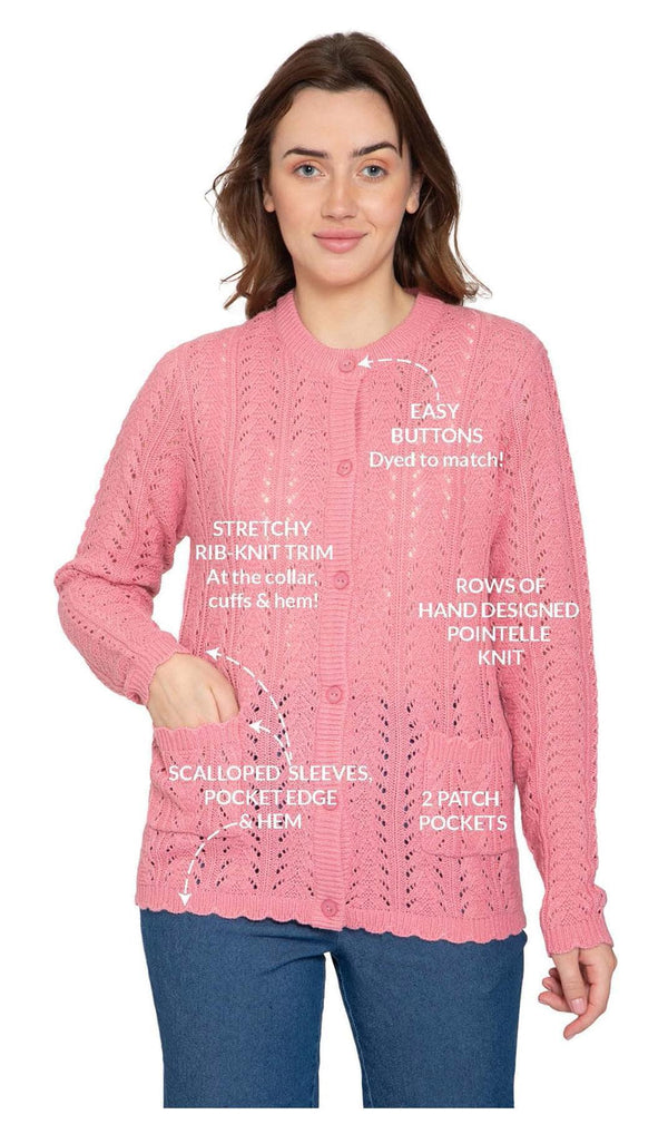 Women's Button Front Pointelle Cardigan - A Textural Layer in So-Soft Acrylic - Rose - Details - TURTLE BAY APPAREL