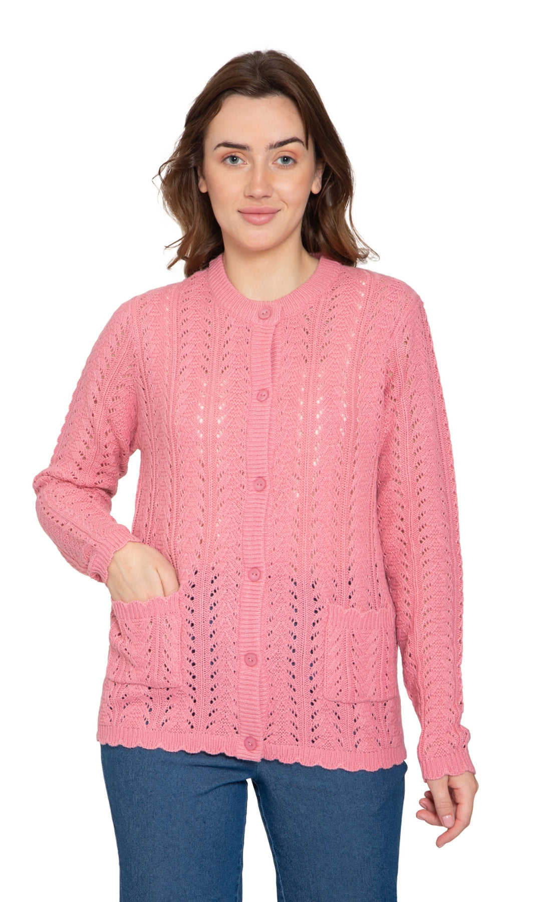 Women's Button Front Crochet Pointelle Cardigan with Pockets 13
