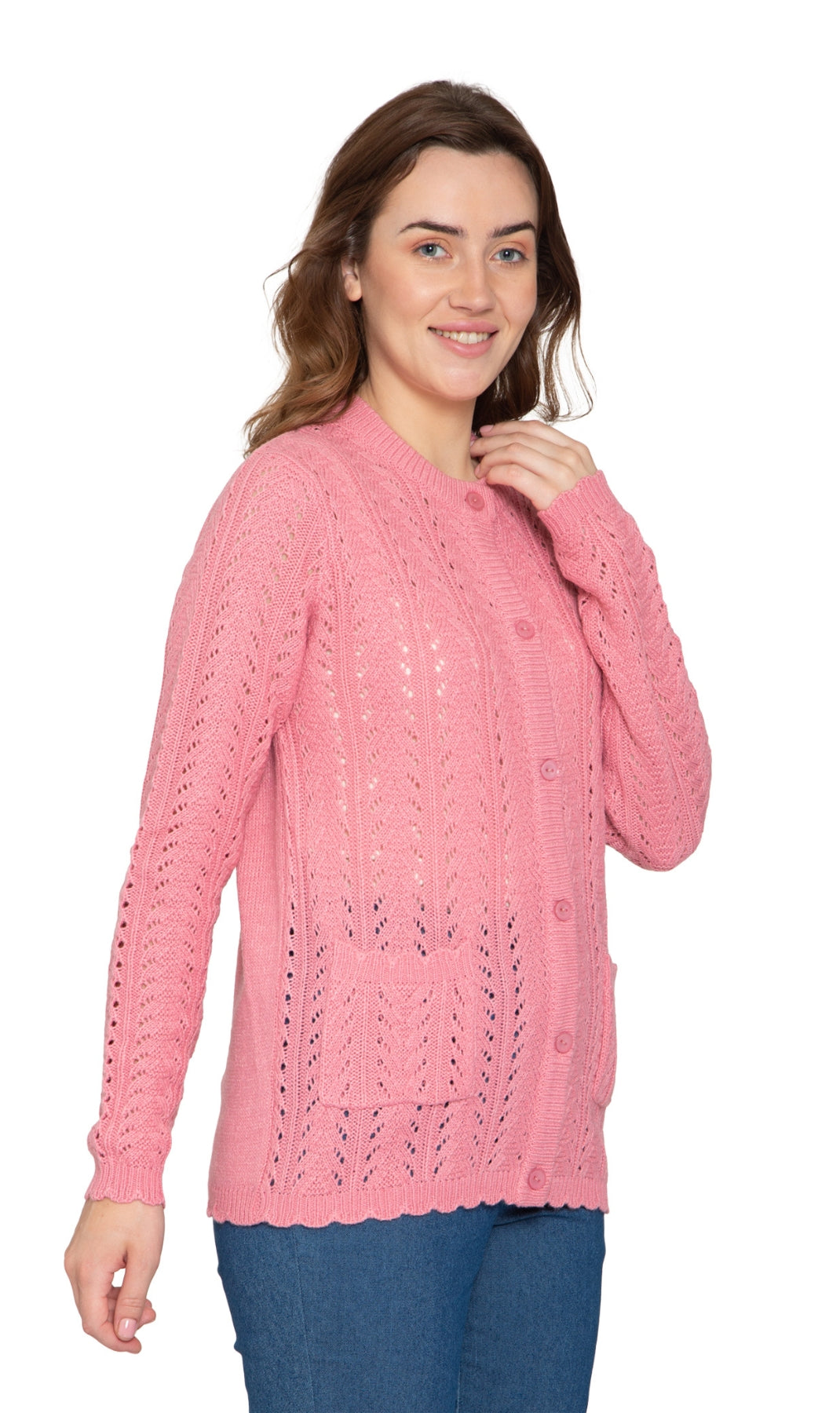 Women's Button Front Crochet Pointelle Cardigan with Pockets 15