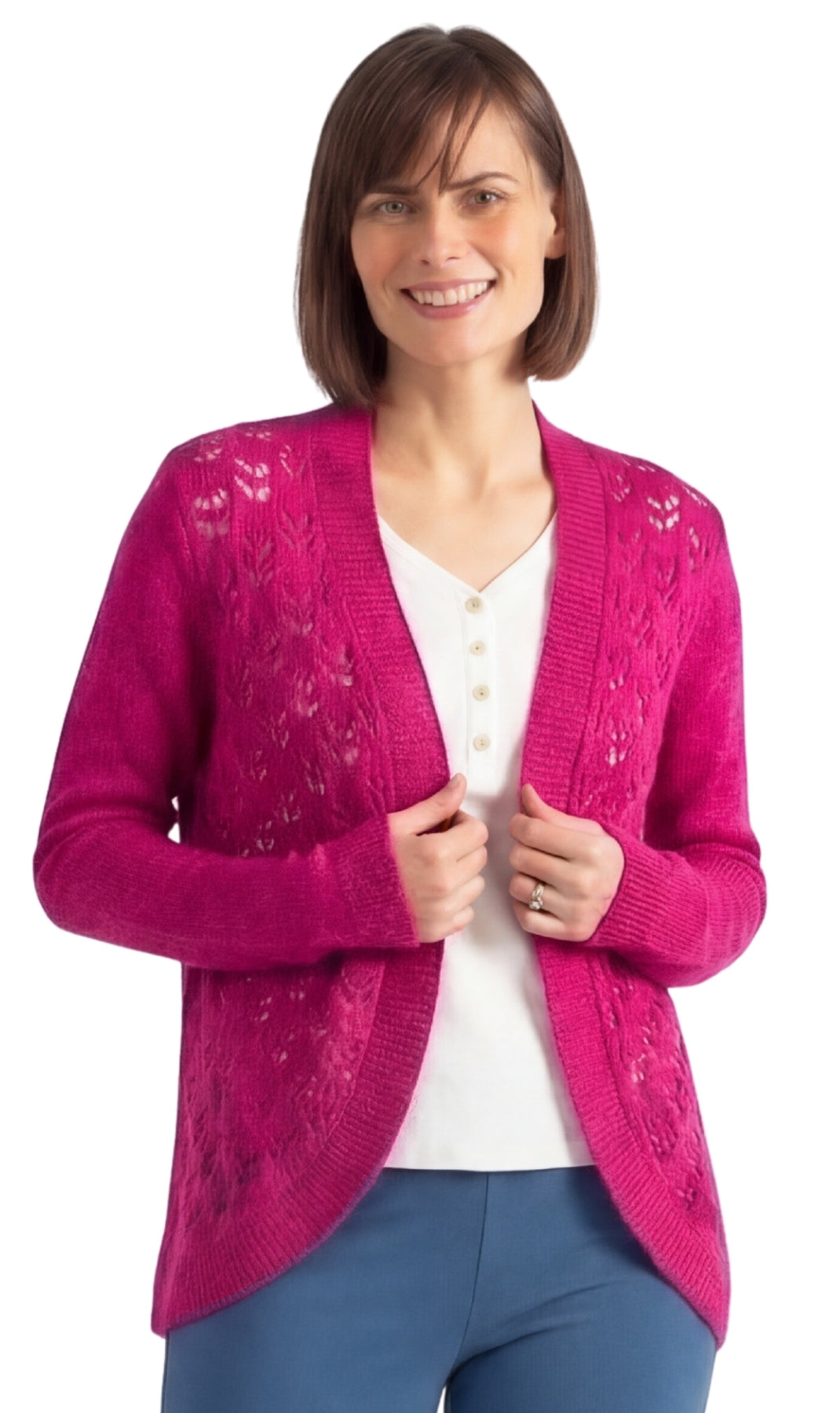 Turtle Bay New York Women's Open Front Curved Hem Pointelle Shrug in Soft Acrylic berry front