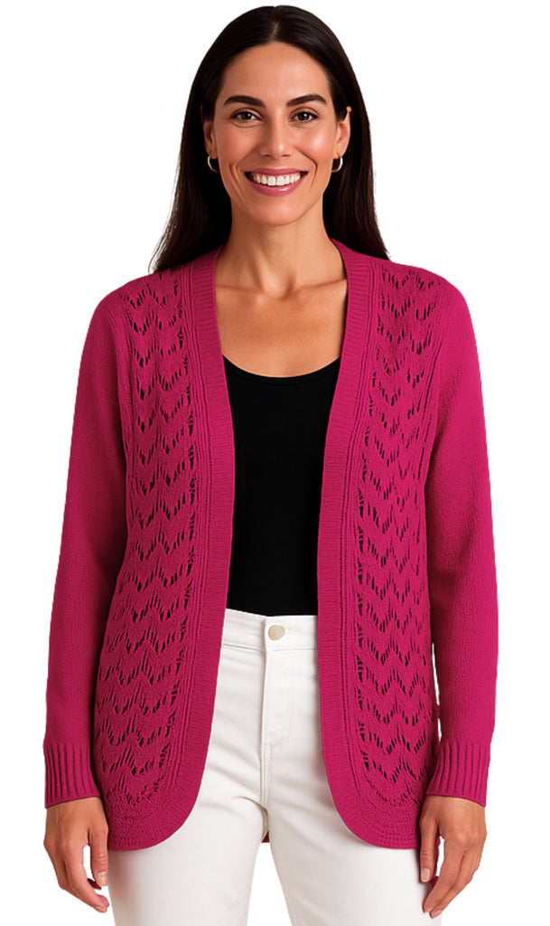 Women's Open Front Curved Hem Pointelle Shrug in Soft Acryllic