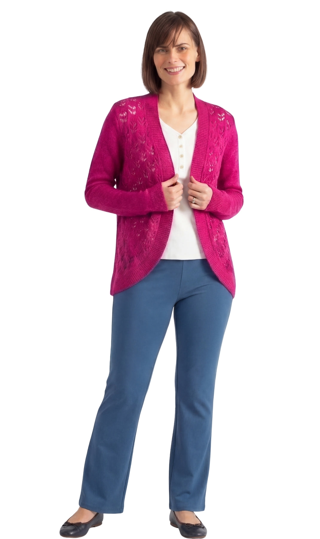 Turtle Bay New York Women's Open Front Curved Hem Pointelle Shrug in Soft Acrylic berry full