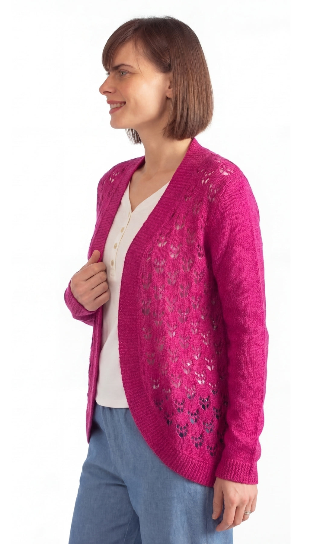 Women's Open Front Curved Hem Pointelle Shrug in Soft Acrylic