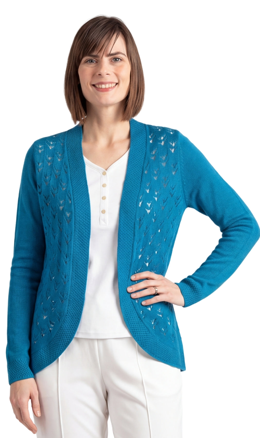 Turtle Bay New York Women's Open Front Curved Hem Pointelle Shrug in Soft Acrylic teal front