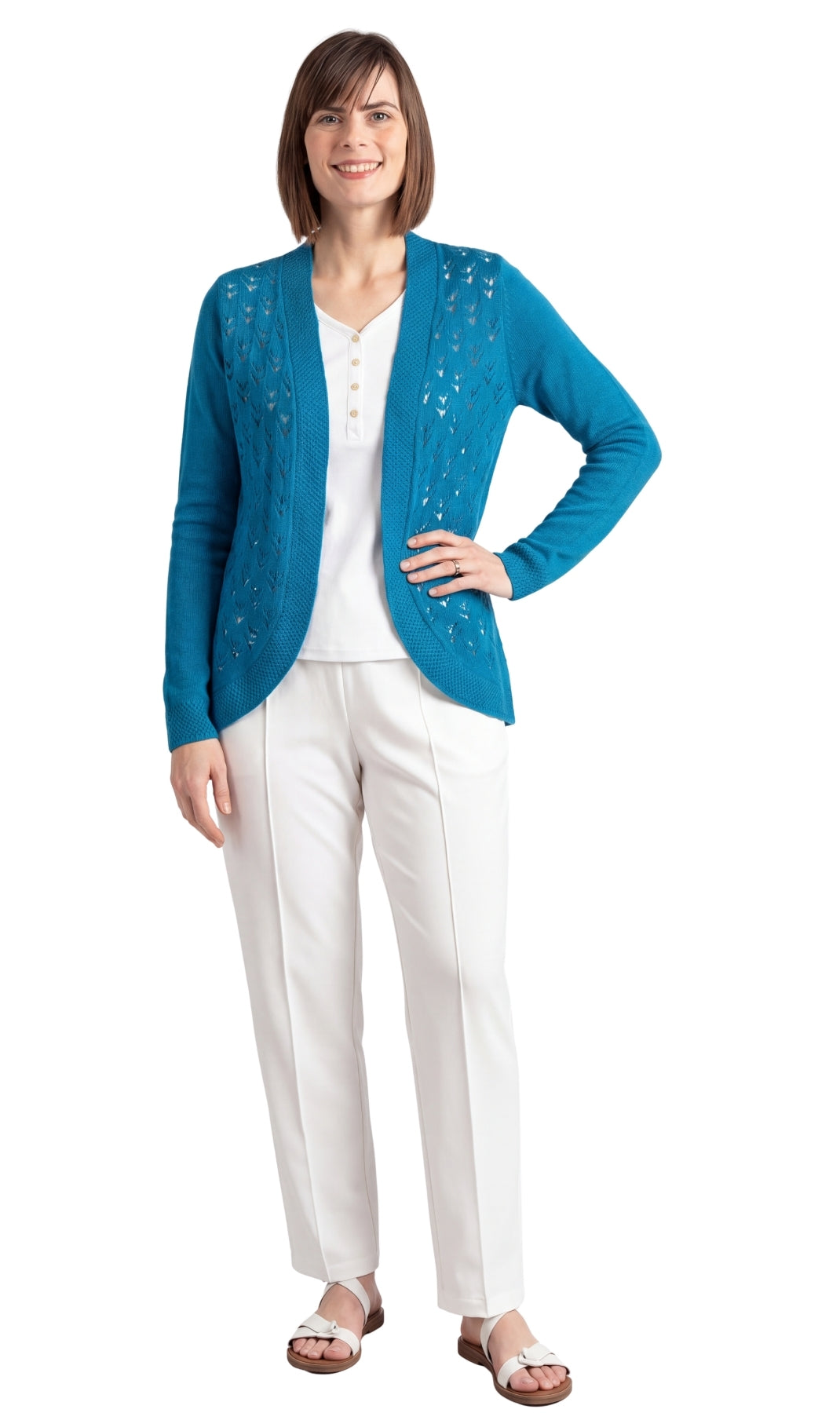 Turtle Bay New York Women's Open Front Curved Hem Pointelle Shrug in Soft Acrylic teal full