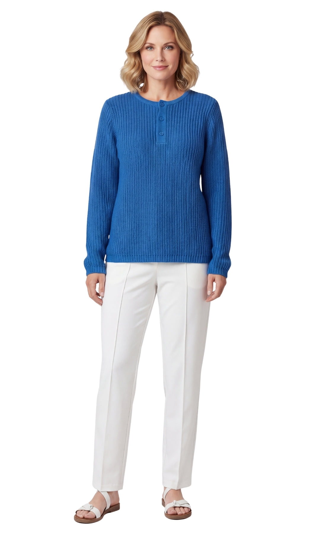 Turtle Bay New York Women's Chic Henley Shaker-Knit Sweater for Women - Casual Long-Sleeve in Durable 100% Acrylic with 3-Button Placket blue full