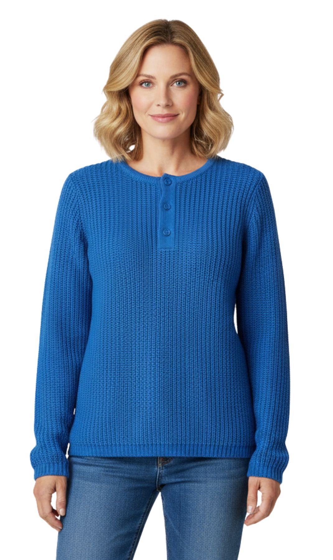 Turtle Bay New York Women's Chic Henley Shaker-Knit Sweater for Women - Casual Long-Sleeve in Durable 100% Acrylic with 3-Button Placket blue front