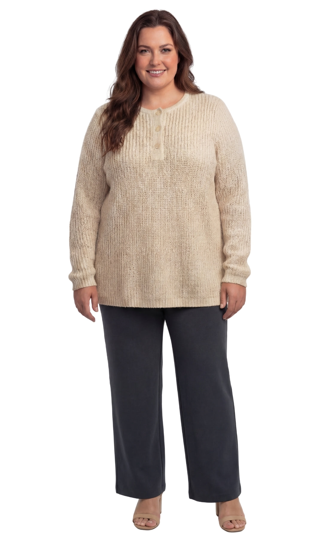 Turtle Bay New York Women's Chic Henley Shaker-Knit Sweater for Women - Casual Long-Sleeve in Durable 100% Acrylic with 3-Button Placket Oatmeal full