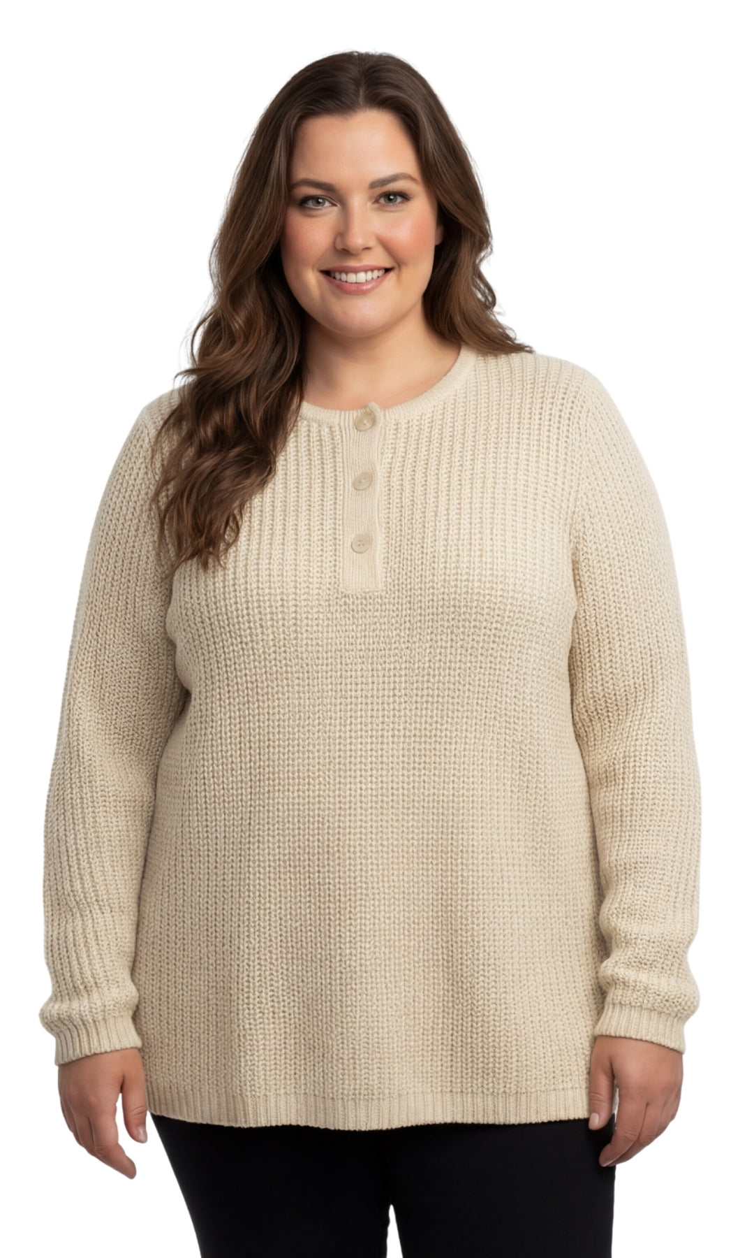 Turtle Bay New York Women's Chic Henley Shaker-Knit Sweater for Women - Casual Long-Sleeve in Durable 100% Acrylic with 3-Button Placket Oatmeal front