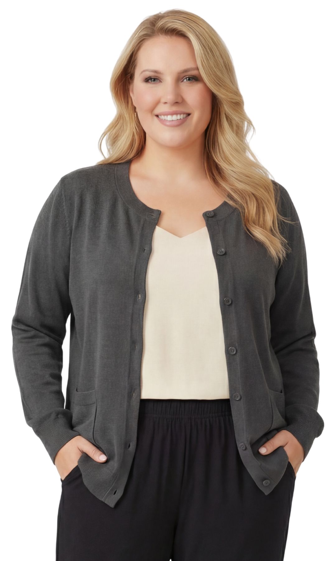 Turtle Bay New York Women's Soft Cotton Button-Up Cardigan Crewneck Sweater Long Sleeves with Front Pockets black front