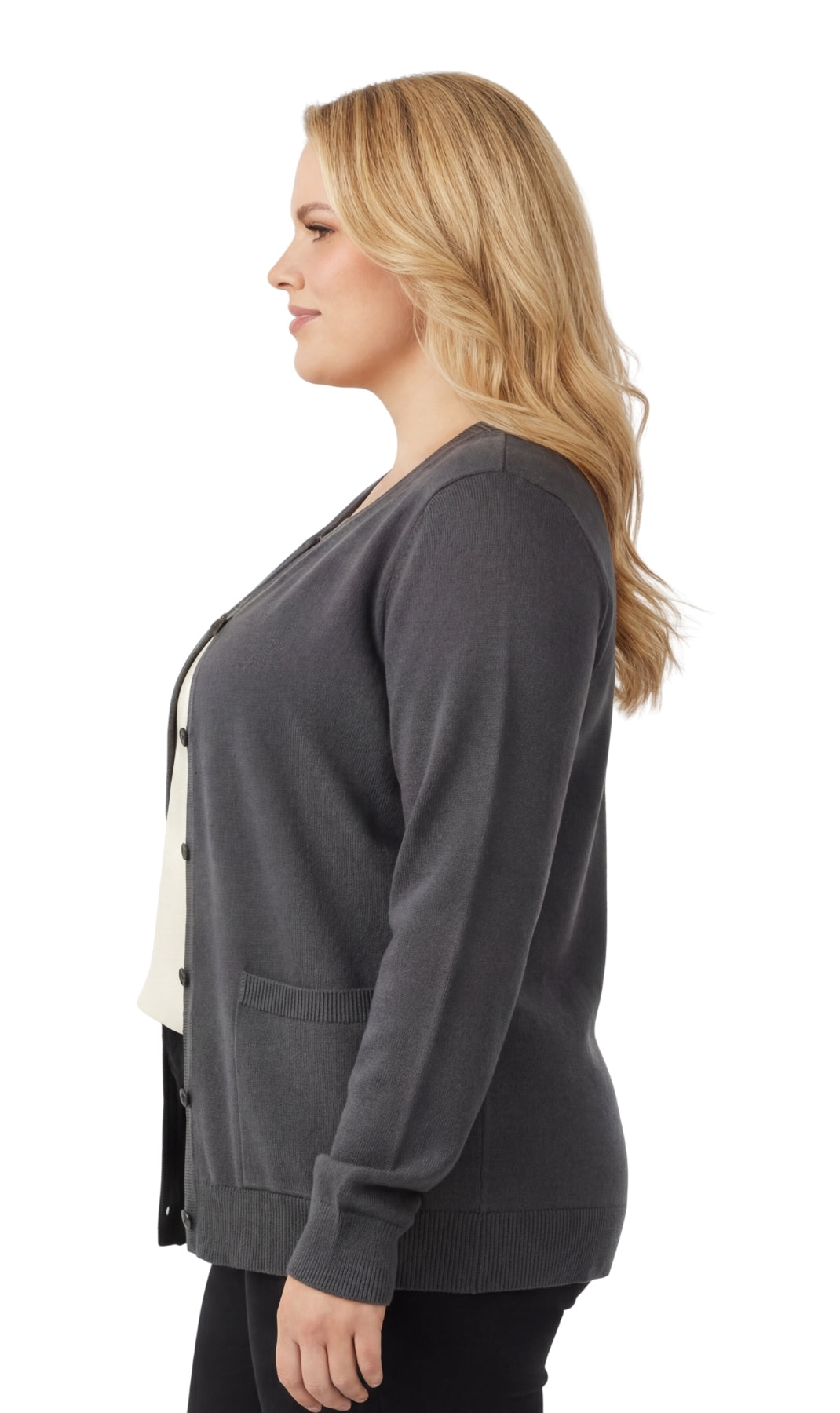 Turtle Bay New York Women's Soft Cotton Button-Up Cardigan Crewneck Sweater Long Sleeves with Front Pockets black side