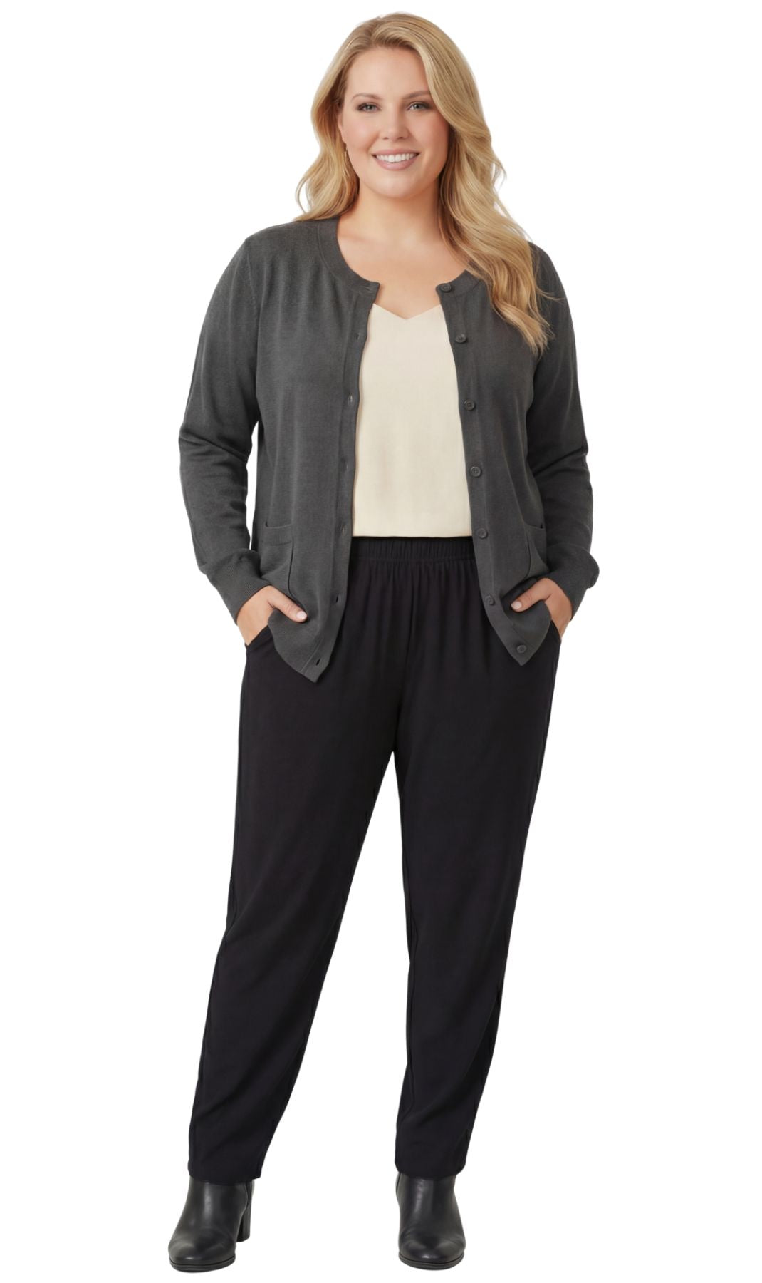 Women's Soft Cotton Button-Up Cardigan Crewneck Sweater Long Sleeves with Front Pockets 4