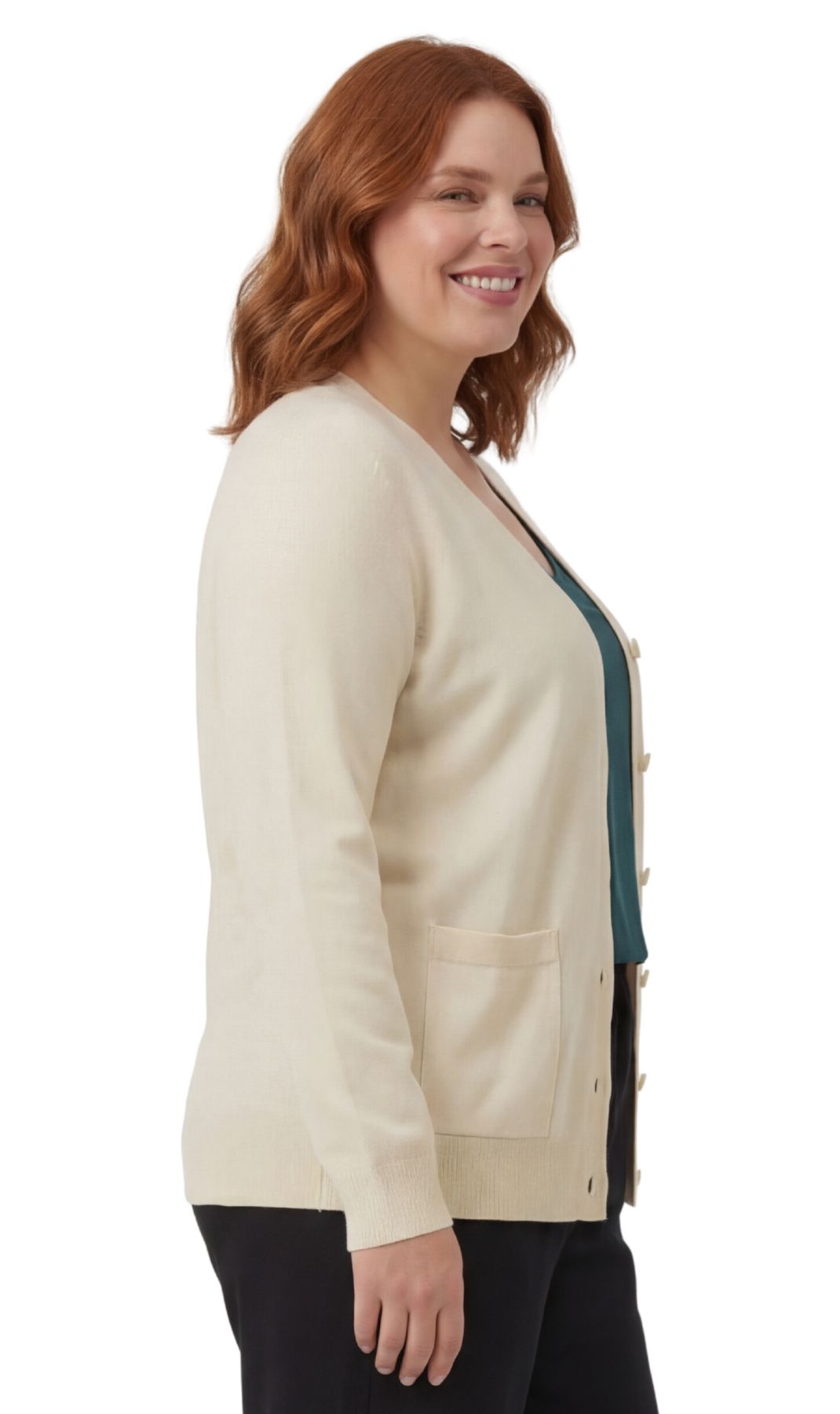 Turtle Bay New York Women's Soft Cotton Button-Up Cardigan Crewneck Sweater Long Sleeves with Front Pockets ivory side