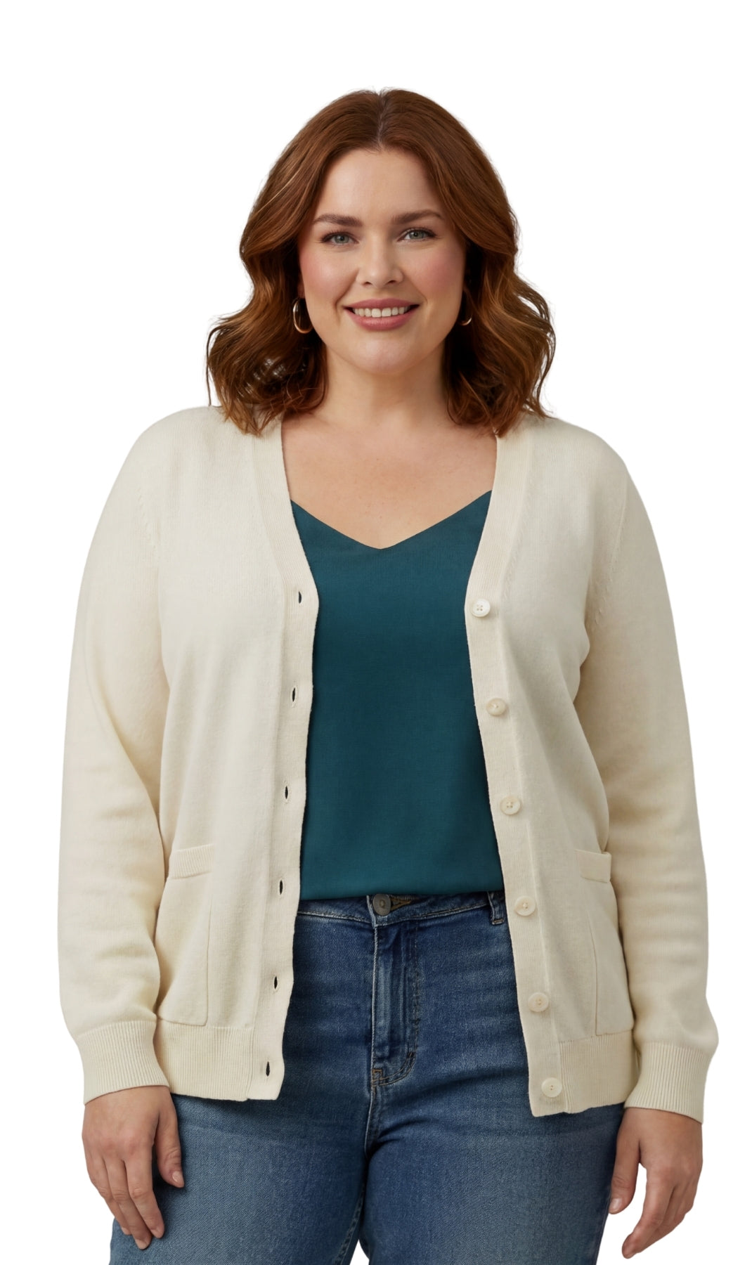 Turtle Bay New York Women's Soft Cotton Button-Up Cardigan Crewneck Sweater Long Sleeves with Front Pockets ivory front