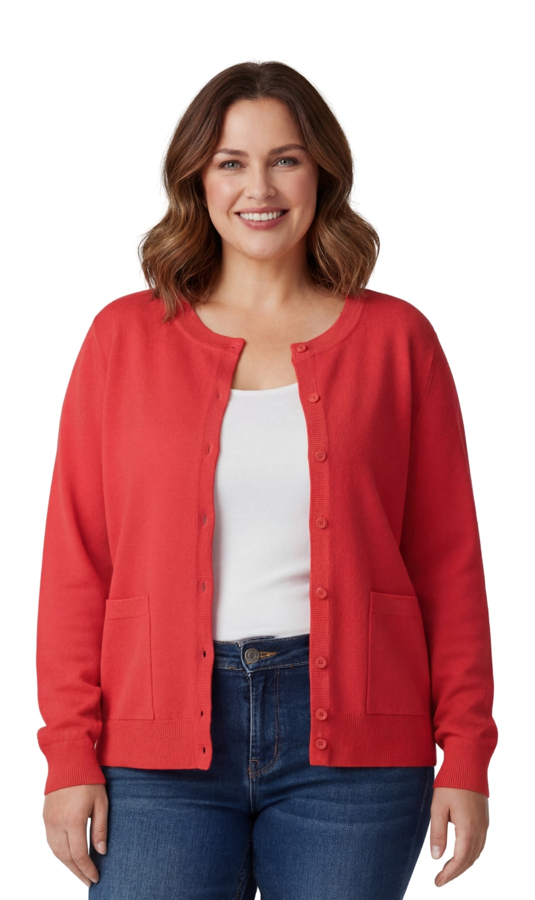 Turtle Bay New York Women's Soft Cotton Button-Up Cardigan Crewneck Sweater Long Sleeves with Front Pockets red front