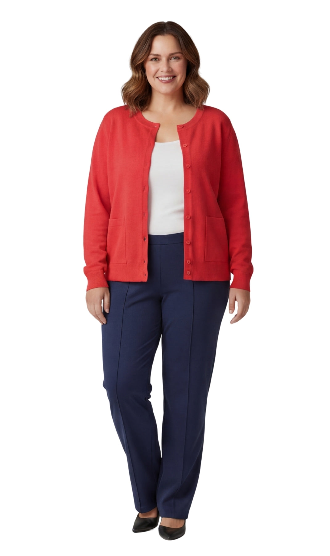 Turtle Bay New York Women's Soft Cotton Button-Up Cardigan Crewneck Sweater Long Sleeves with Front Pockets red full