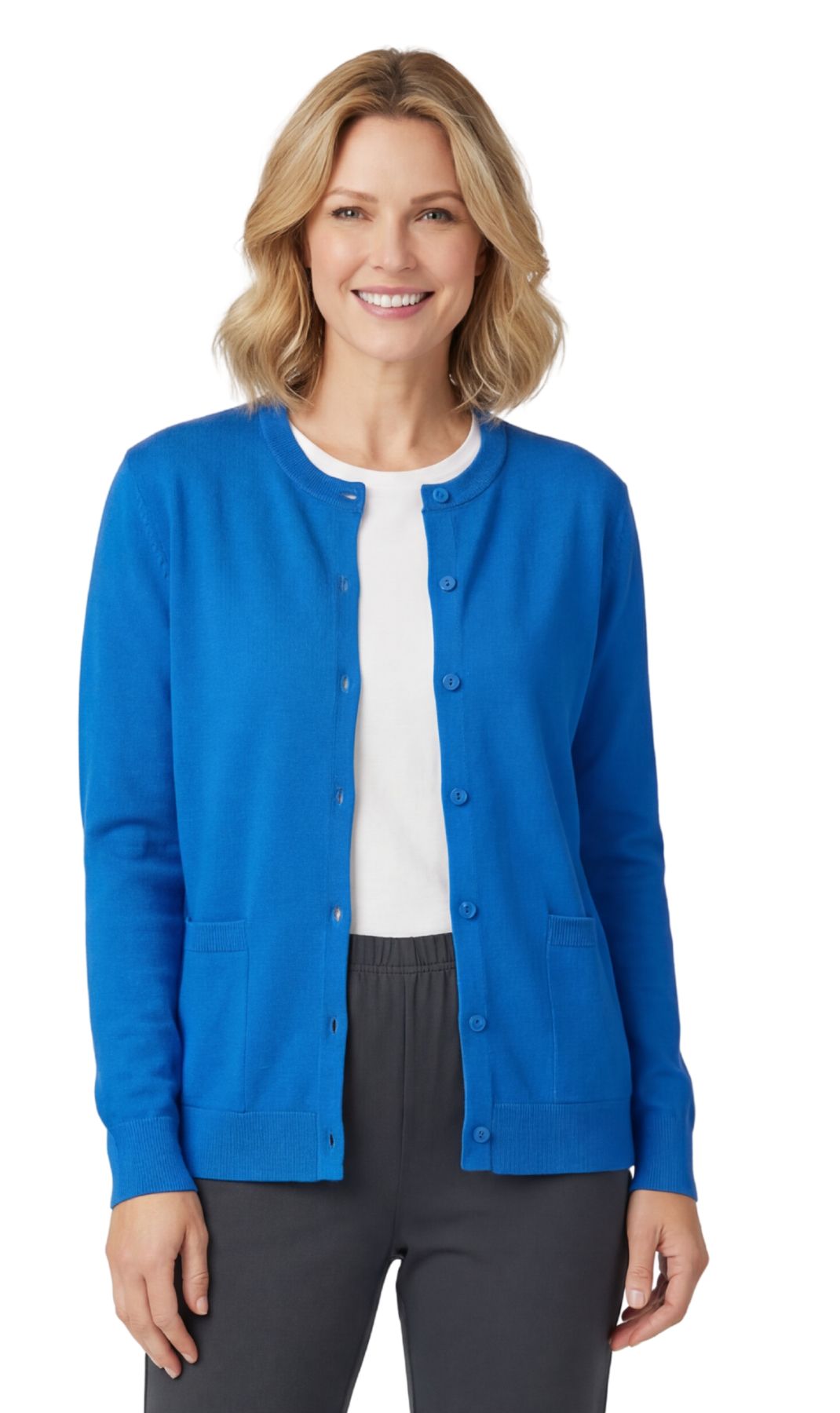 Women's Soft Cotton Button-Up Cardigan Crewneck Sweater Long Sleeves with Front Pockets 10