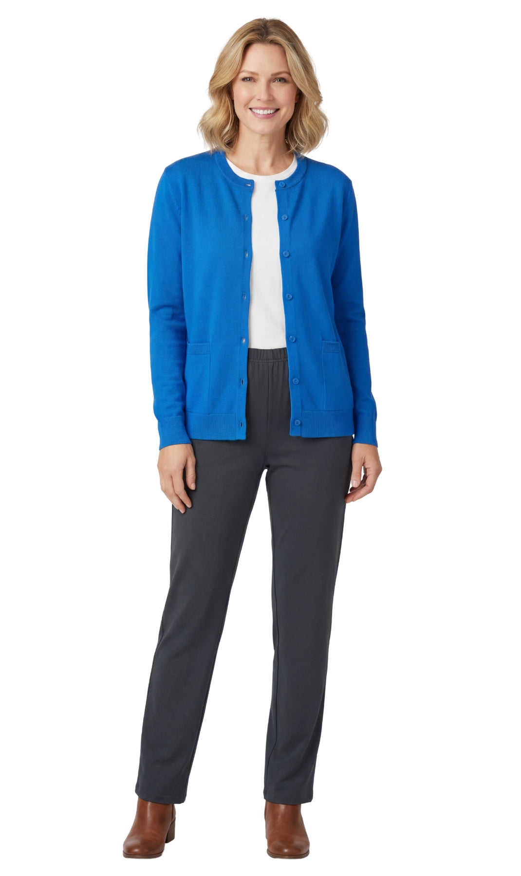 Women's Soft Cotton Button-Up Cardigan Crewneck Sweater Long Sleeves with Front Pockets 12