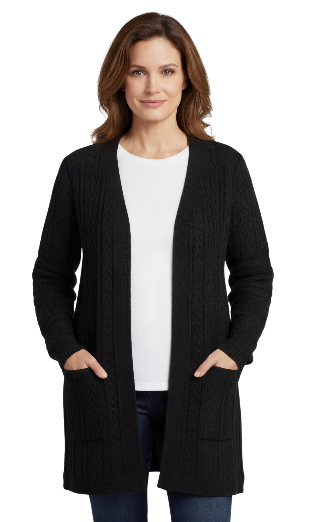 Turtle Bay New York Women's Cable Knit Duster Sweater with Pockets Effortless Longline Cardigan for Everyday Warmth black Front