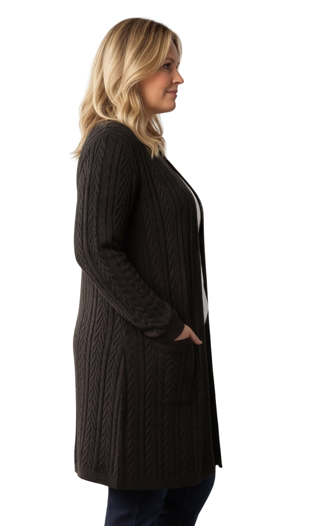 Turtle Bay New York Women's Cable Knit Duster Sweater with Pockets Effortless Longline Cardigan for Everyday Warmth black side
