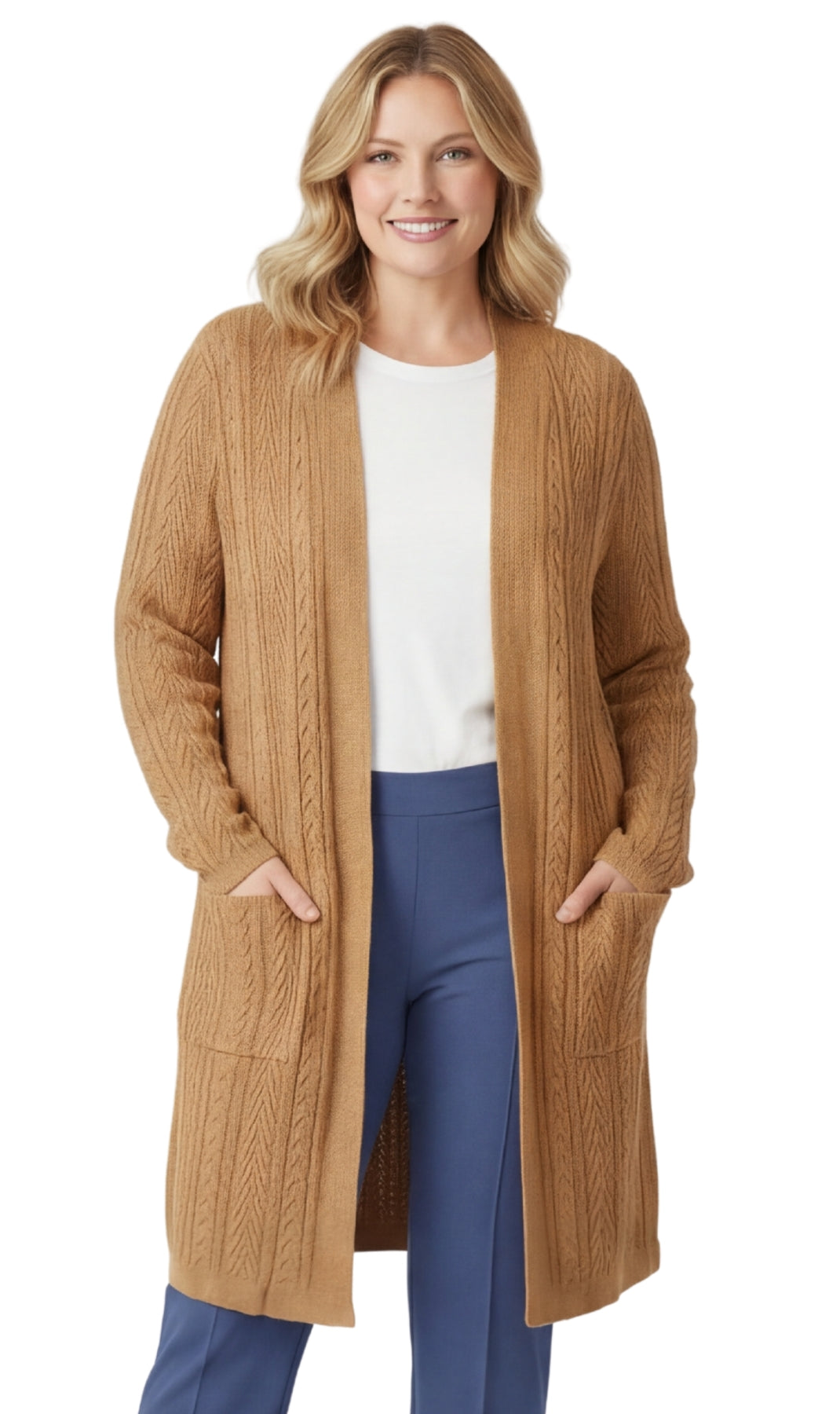 Turtle Bay New York Women's Cable Knit Duster Sweater with Pockets Effortless Longline Cardigan for Everyday Warmth camel Front