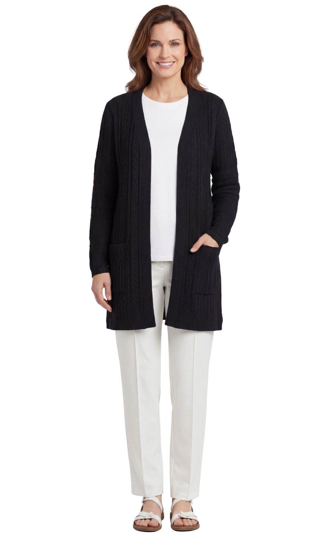 Turtle Bay New York Women's Cable Knit Duster Sweater with Pockets Effortless Longline Cardigan for Everyday Warmth black Full