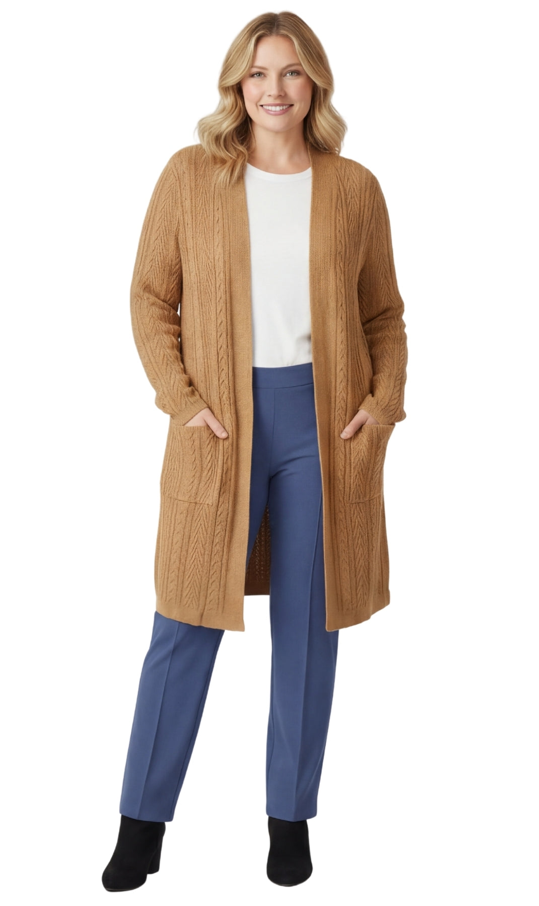 Turtle Bay New York Women's Cable Knit Duster Sweater with Pockets Effortless Longline Cardigan for Everyday Warmth camel full