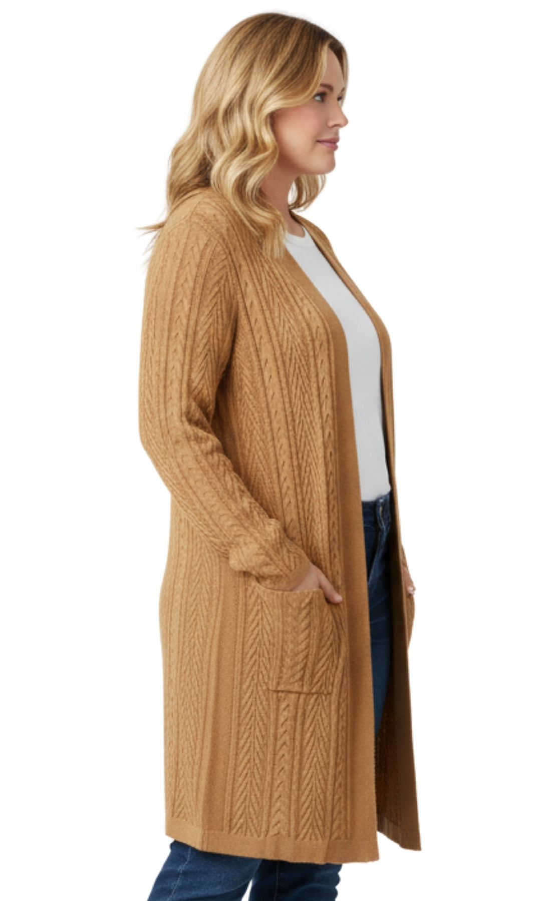 Turtle Bay New York Women's Cable Knit Duster Sweater with Pockets Effortless Longline Cardigan for Everyday Warmth camel side