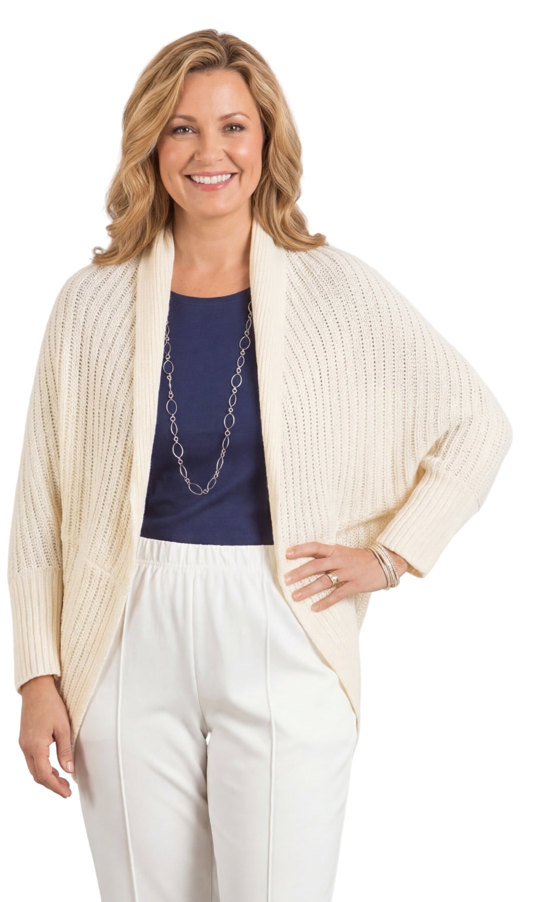 Turtle Bay Apparel Women’s Cocoon Sweater – Soft Acrylic Lightweight Cardigan, Open Front Layering Top, One Size Fit, Cozy Casual Wear ivory Front