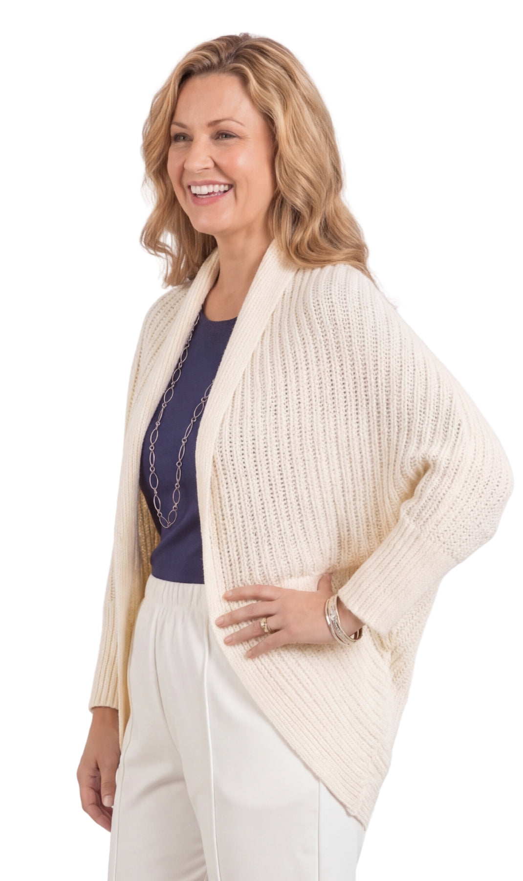 Turtle Bay Apparel Women’s Cocoon Sweater – Soft Acrylic Lightweight Cardigan, Open Front Layering Top, One Size Fit, Cozy Casual Wear ivory side