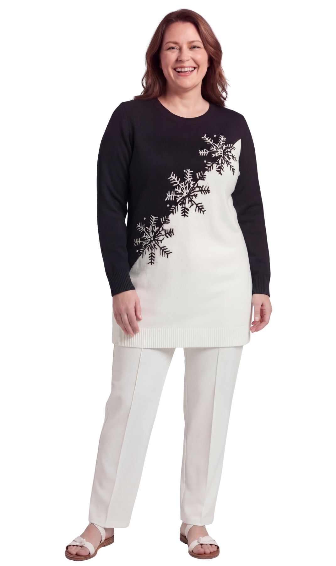 Turtle Bay New York Women's Cozy Long Sleeves Snowflake-Decorated Color Block Holiday Crewneck Sweater - Classy Christmas Pullover in 100% Soft Durable Acrylic black full