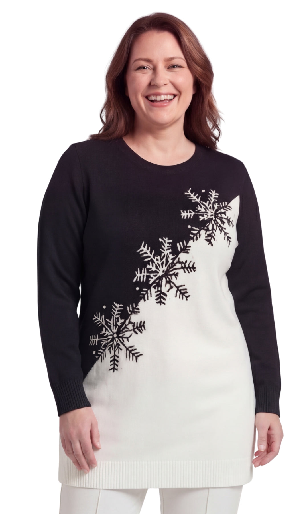 Turtle Bay New York Women's Cozy Long Sleeves Snowflake-Decorated Color Block Holiday Crewneck Sweater - Classy Christmas Pullover in 100% Soft Durable Acrylic black front