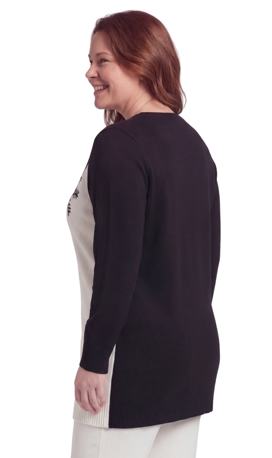 Turtle Bay New York Women's Cozy Long Sleeves Snowflake-Decorated Color Block Holiday Crewneck Sweater - Classy Christmas Pullover in 100% Soft Durable Acrylic black side