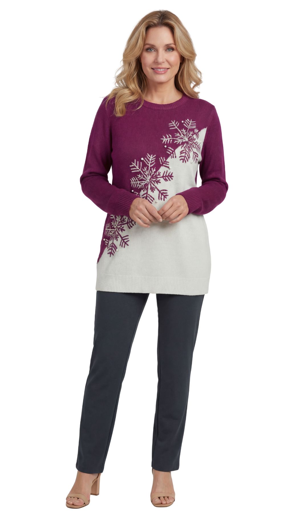 Turtle Bay New York Women's Cozy Long Sleeves Snowflake-Decorated Color Block Holiday Crewneck Sweater - Classy Christmas Pullover in 100% Soft Durable Acrylic plum full