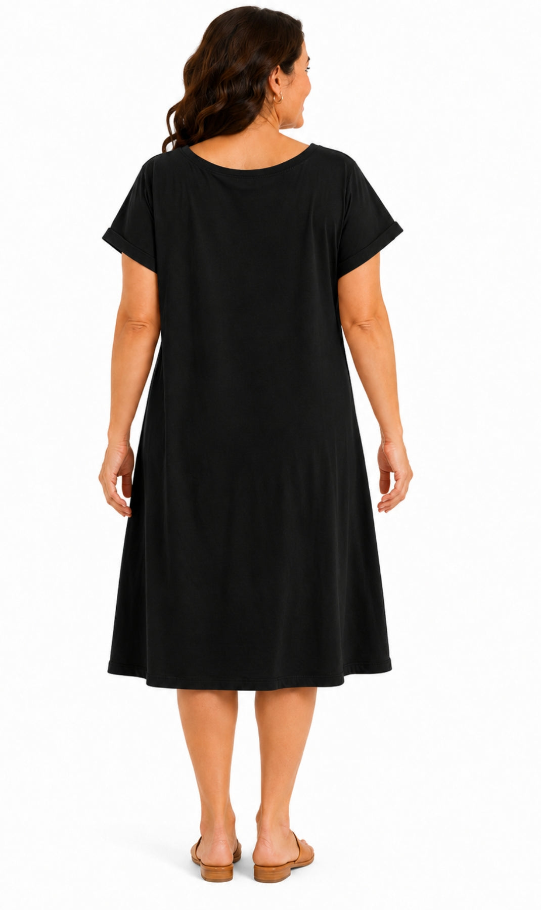Women's Knit Wide Scoop Neck Short Sleeve Dress in A-line Asymmetrical Hem