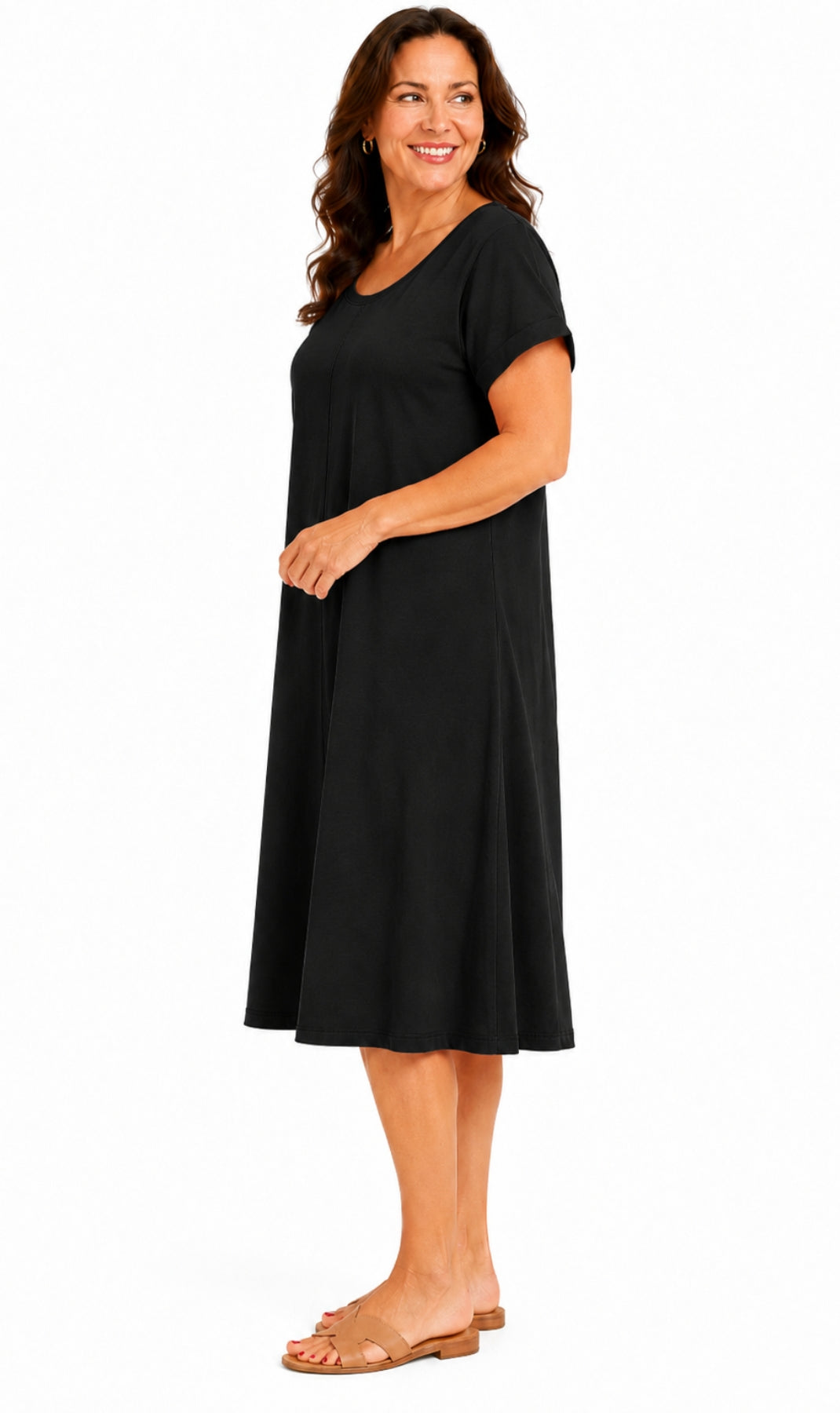 Women's Short Sleeve A-Line Knit Dress — Scoop Neck Asymmetrical Hem 3