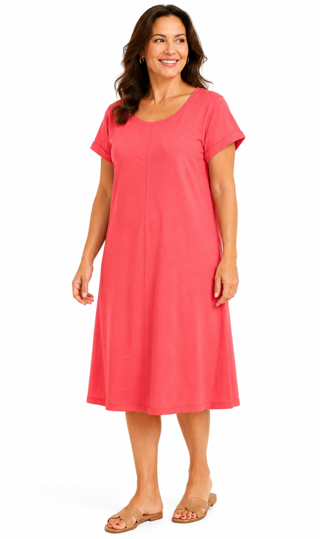 Women's Short Sleeve A-Line Knit Dress — Scoop Neck Asymmetrical Hem 7