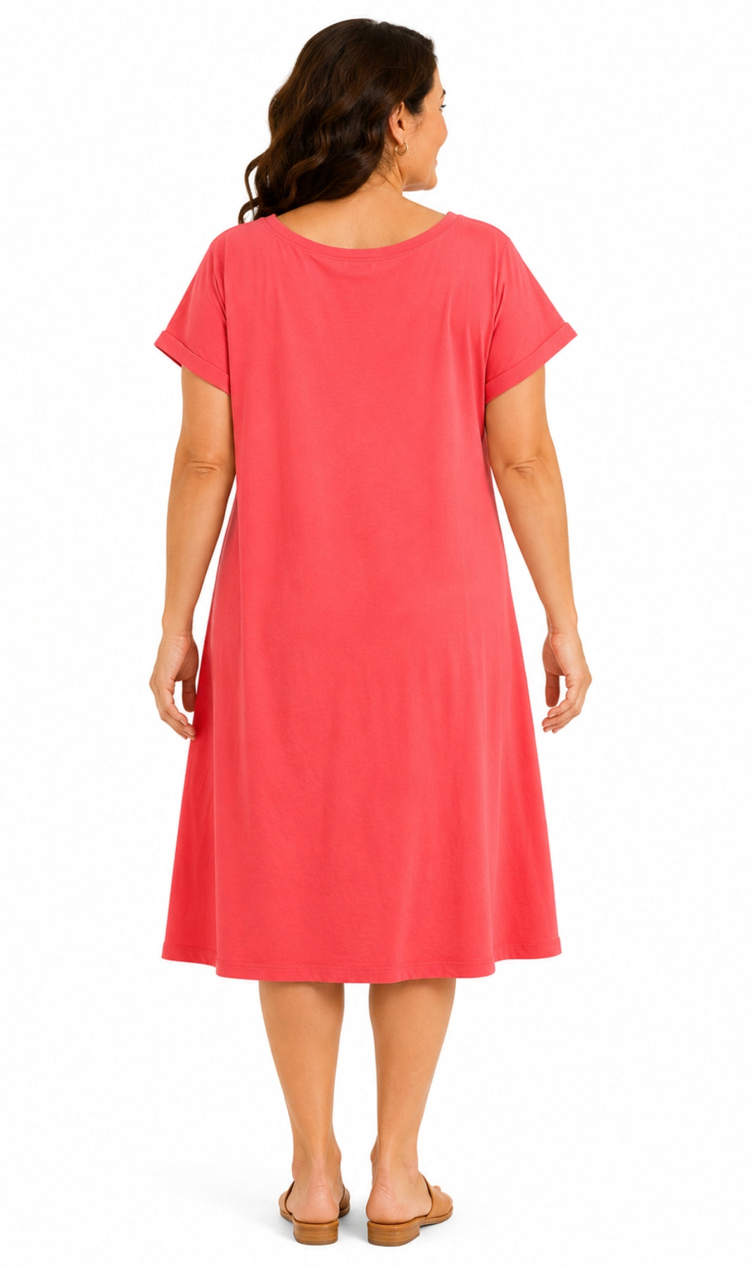 Women's Knit Wide Scoop Neck Short Sleeve Dress in A-line Asymmetrical Hem