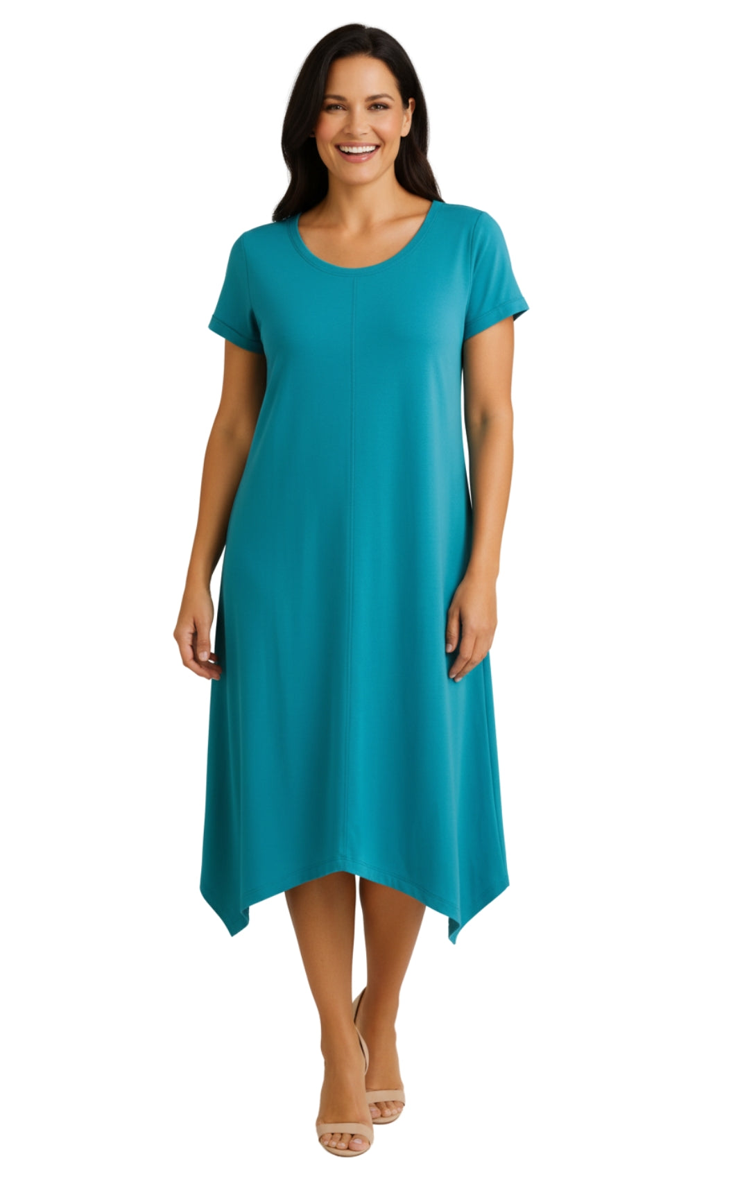 Women's Short Sleeve A-Line Knit Dress — Scoop Neck Asymmetrical Hem 4