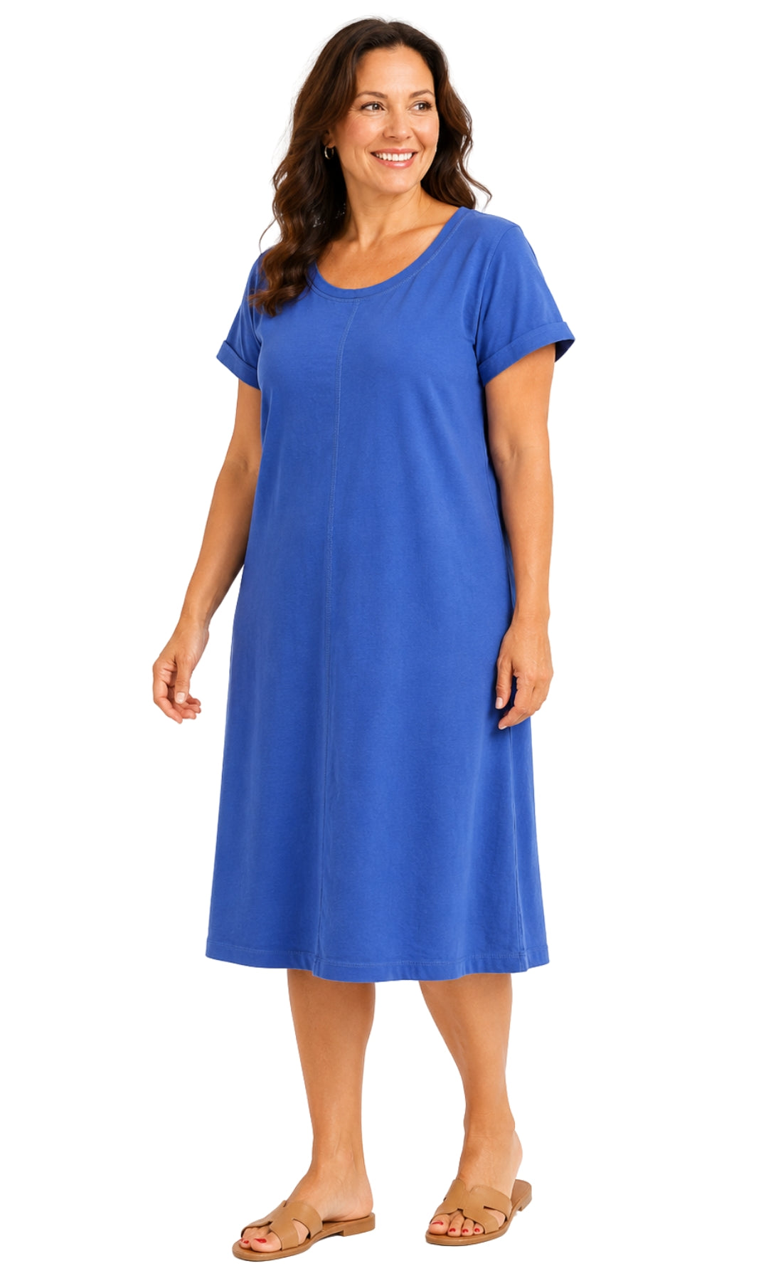 Women's Short Sleeve A-Line Knit Dress — Scoop Neck Asymmetrical Hem 10